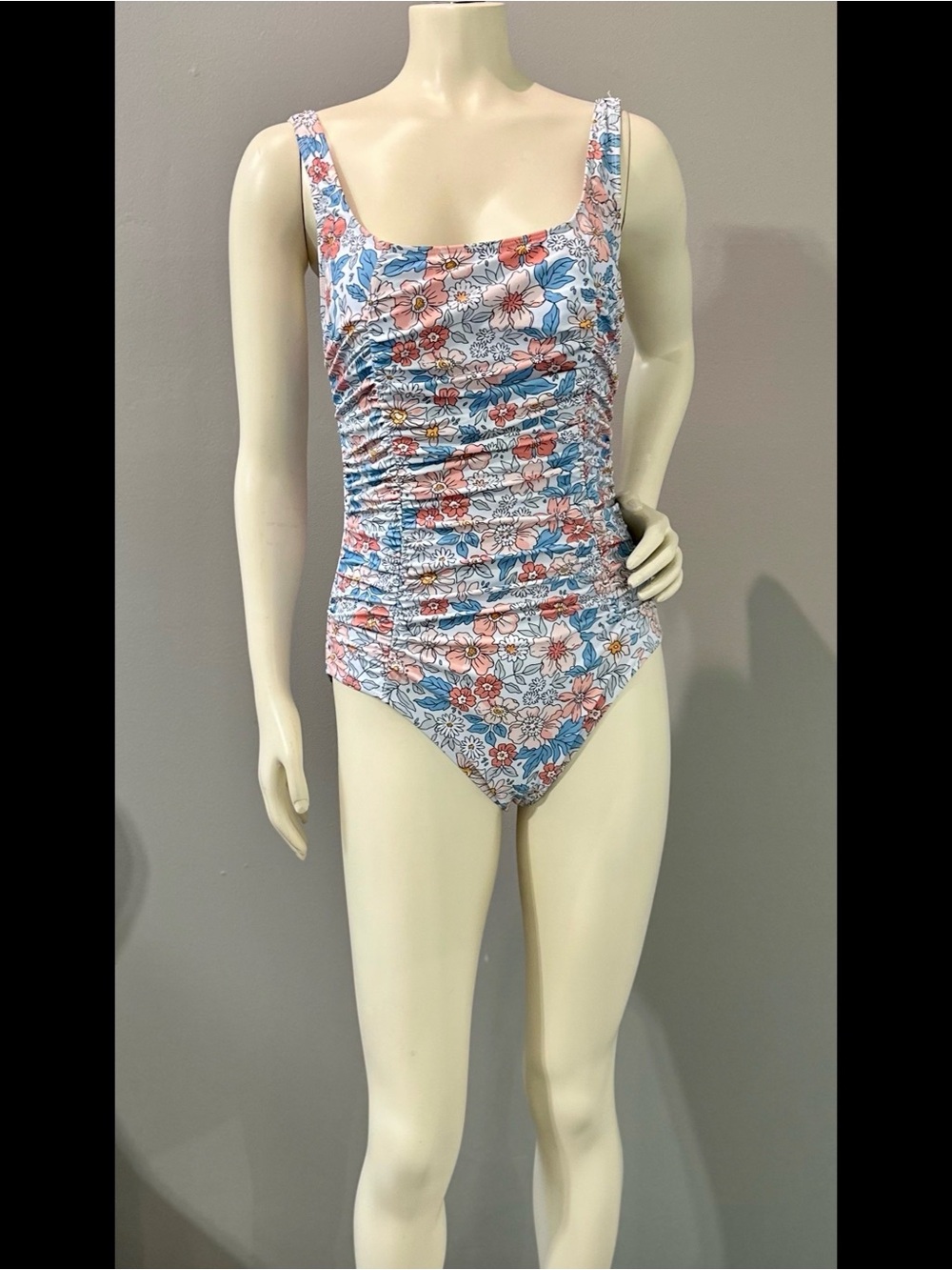 Floral Ruched One-Piece Swimsuit in Blue & Coral